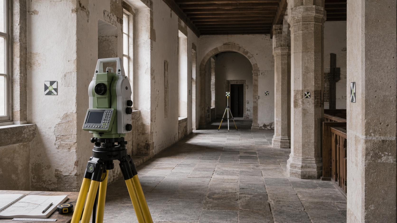 Tachymeter mit Zielmarken in historischem Gebäudebestand
