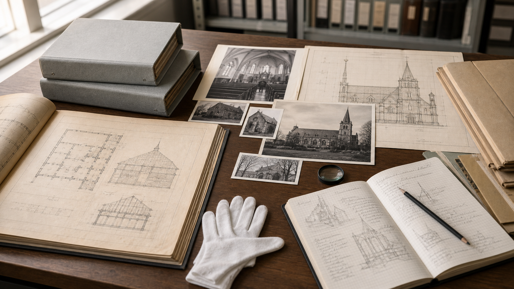 Historische Pläne, Fotografien und Archivdokumente auf einem Arbeitstisch