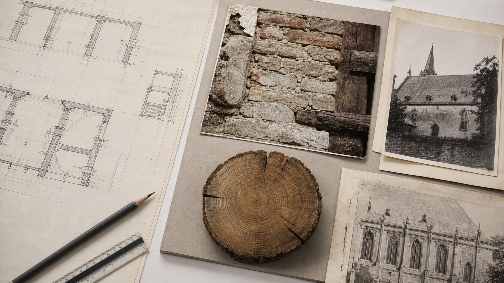 Planzeichnung, Befundfoto, Holzdetail und historische Dokumente als Forschungsmaterial