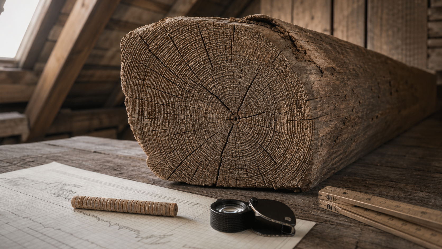 Jahrringe eines historischen Holzbalkens mit Bohrkernprobe