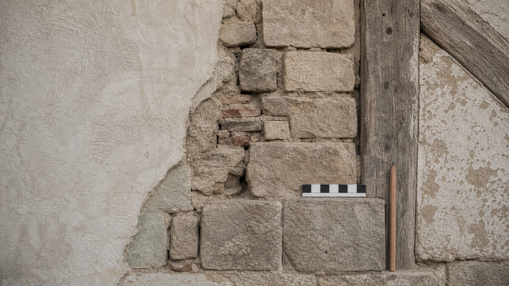 Historisches Mauerwerk mit Putzkanten, Holz und Messmaßstab