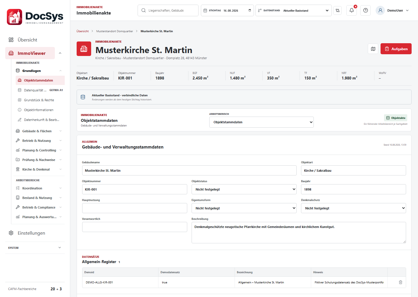 DocSys Immobilienakte mit Stammdaten und Arbeitsbereichen