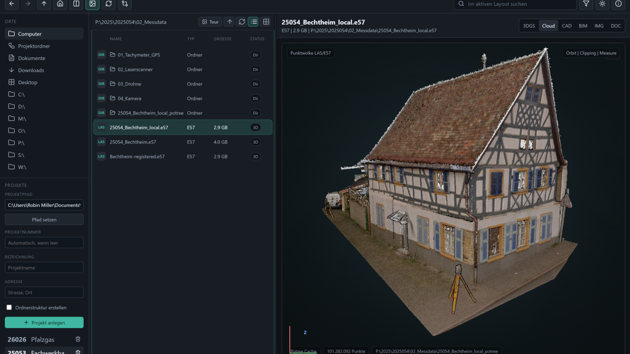 Multiview Explorer mit Dateibrowser und Punktwolkenansicht
