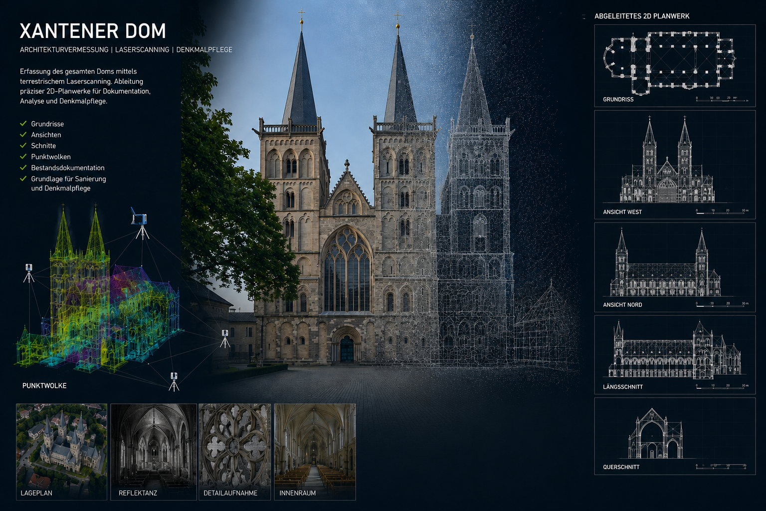 Xantener Dom mit Architekturvermessung, Laserscanning, Punktwolke und abgeleitetem 2D-Planwerk