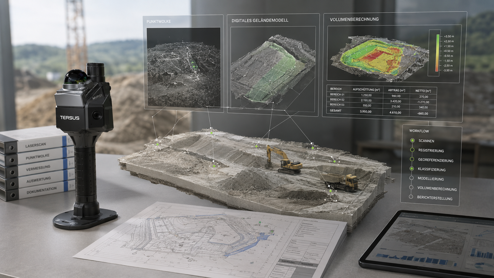 Tersus MVP S1 Scanner in einer modernen Auswertungsszene mit Punktwolke, digitalem Geländemodell und Volumenberechnung
