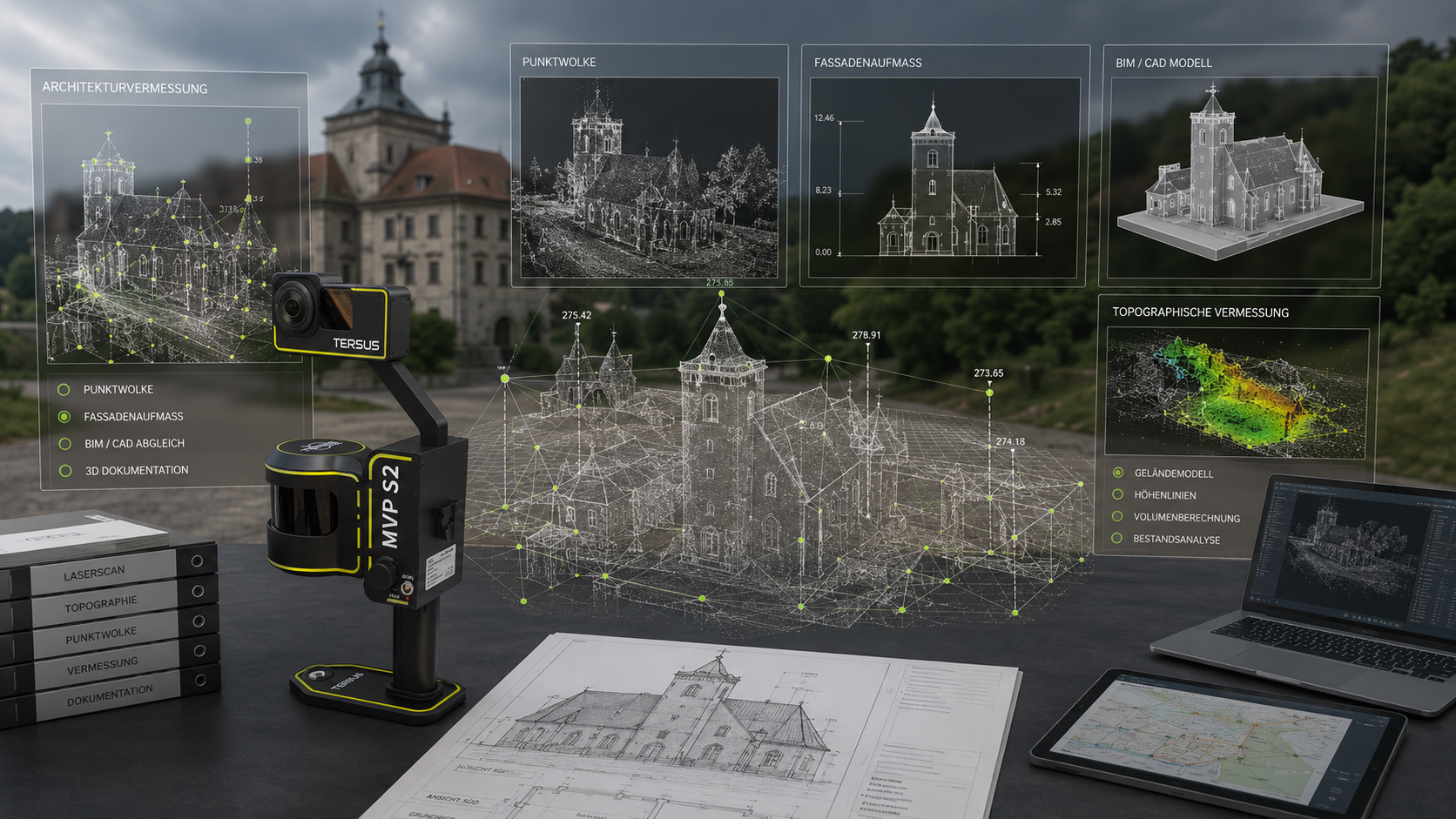 Tersus MVP S2 Scanner in einer Architekturvermessungsszene mit Punktwolke, Fassadenaufmaß und BIM-Ready-CAD-Modell