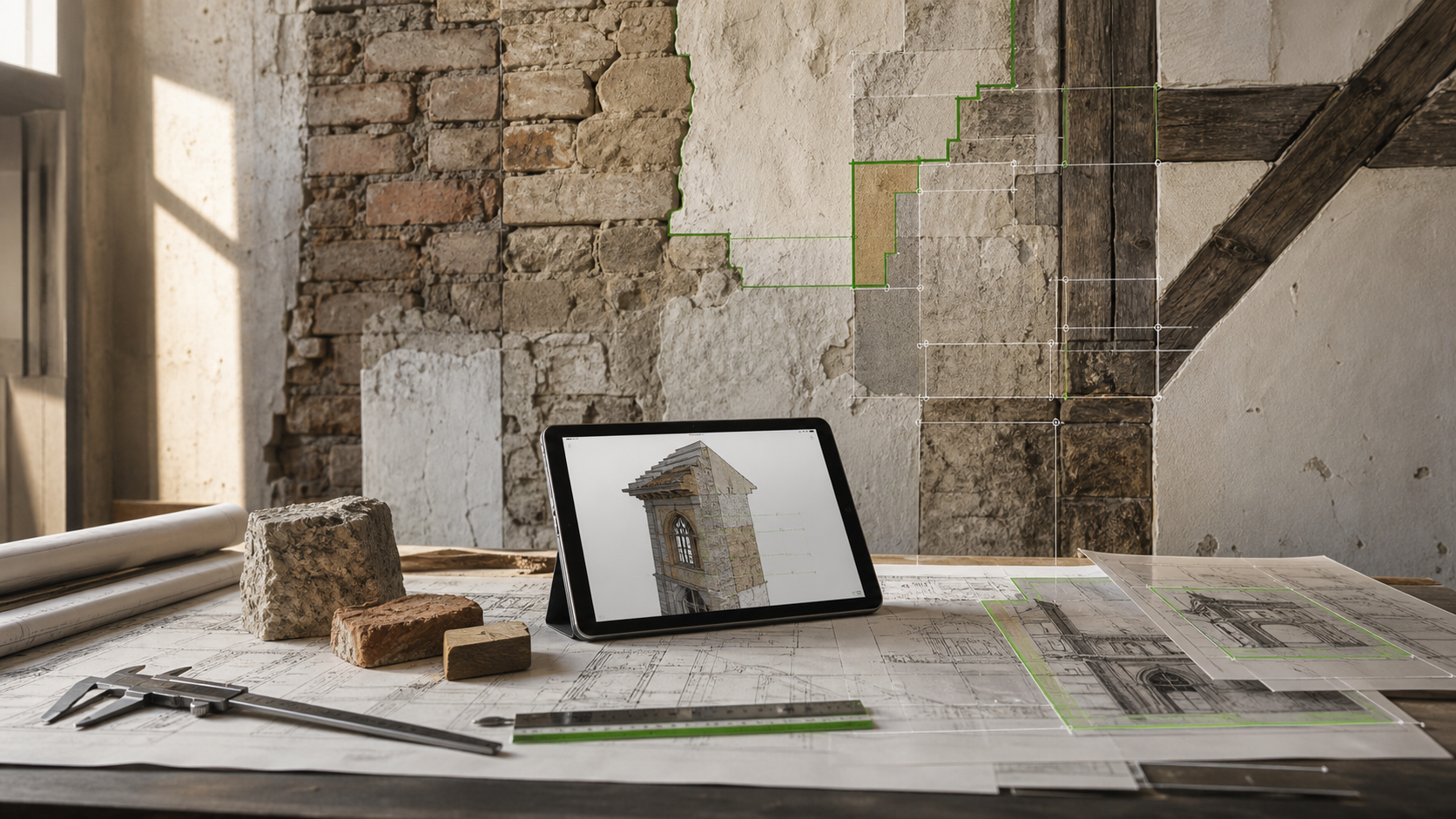 Historische Bauforschung mit Materialproben, Plänen und digitaler Befundstruktur
